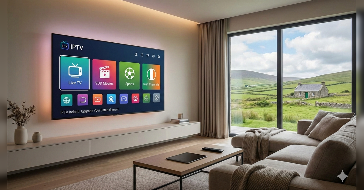 A modern living room with a 4K smart TV displaying the IPTV Ireland interface, featuring live sports, movies, and Irish channels with a scenic Ireland landscape in the background.