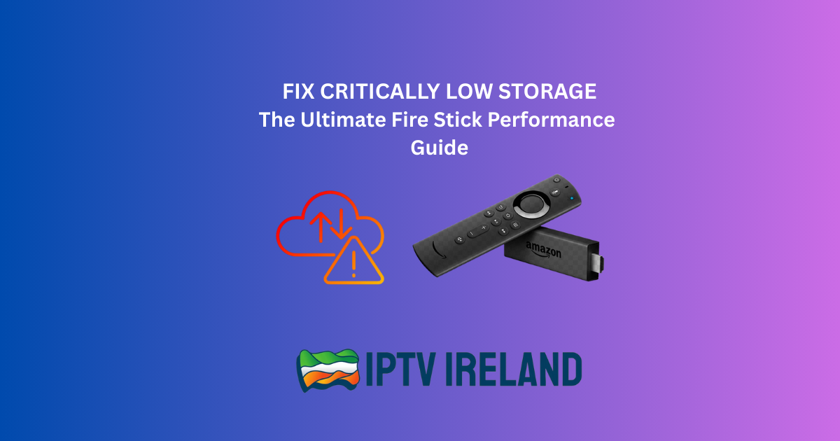 Amazon Fire Stick remote next to a screen showing the 'Critically Low Storage' warning, illustrating the need to clear cache and free up space.