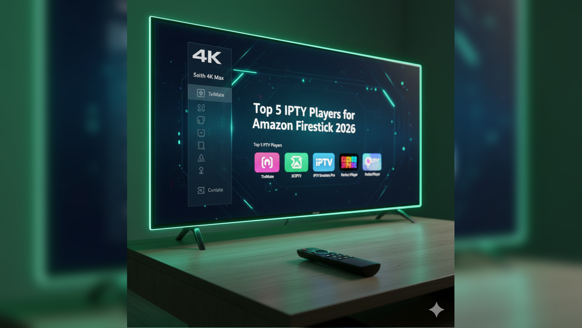 Comparison of the best IPTV player apps for Amazon Firestick in Ireland, featuring TiviMate and XCIPTV interfaces on a 4K TV screen.