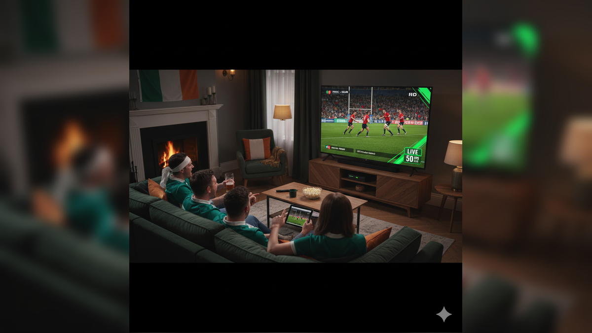A group of Irish fans watching the Six Nations 2026 rugby match on a large 4K TV with 50 FPS IPTV stream in a cozy living room.