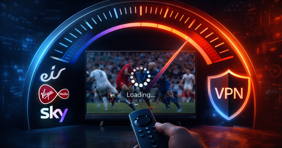 A frustrated user looking at a buffering icon on a TV screen with logos of Eir, Virgin Media, and Sky in the background.