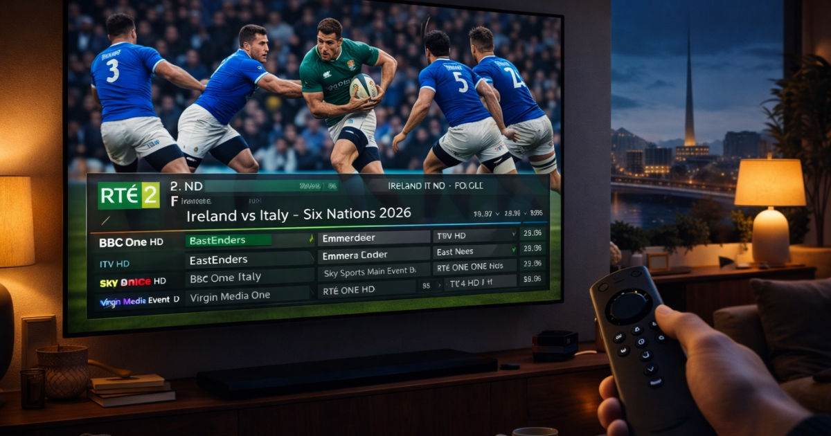 Action shot of Ireland vs Italy rugby on a 4K TV screen via an Irish IPTV subscription.