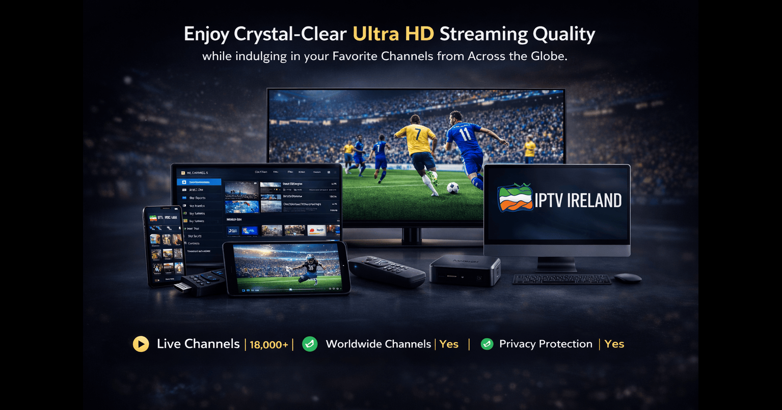 Happy Irish fans celebrating while watching live football sports streaming in Ultra HD.